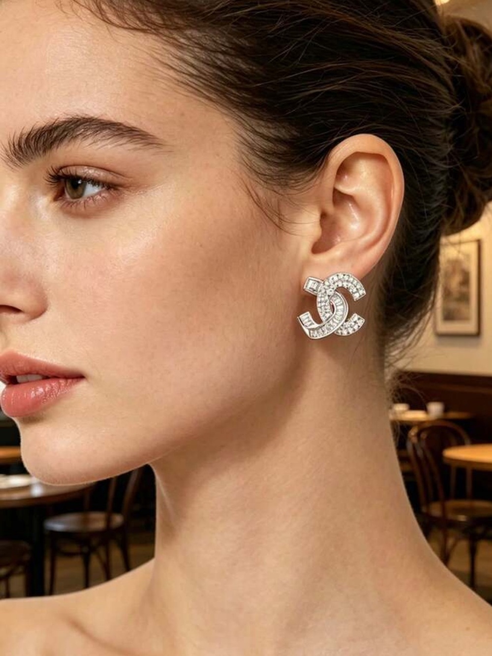 New Crystal Interlocking CC Stud Earrings in Silver